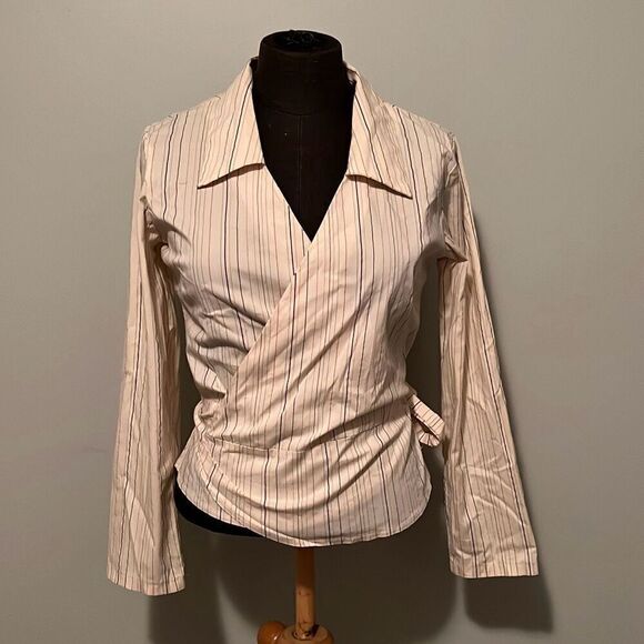 LOB Collection Women's Cream Long Sleeve Striped Wrap Blouse Size Medium - Picture 1 of 10